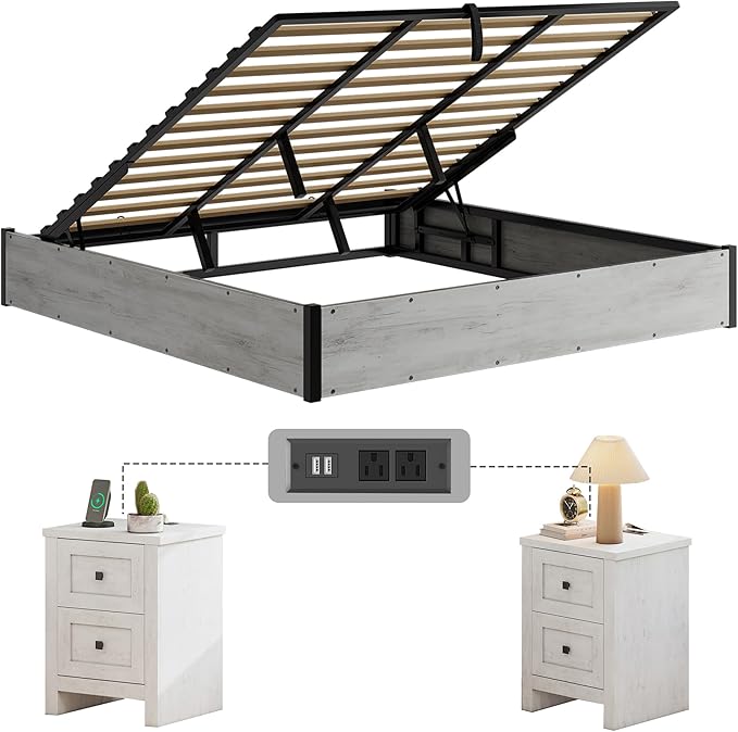 LUXOAK 3 Pieces Bedroom Sets, Includes King Size Lift Up Storage Platform Bed Frame, 2 Drawers Farmhouse Nightstand Set of 2 with Charging Station, No Box Spring Needed, White Oak