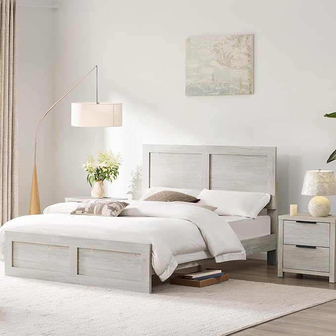KISLOT 3 Pieces Bedroom Set, Full Size Wood Platform Bed Frame and 2 Nightstands, Storage Nightstand with Type-C Charging Port, Farmhouse Bedroom Furniture Set