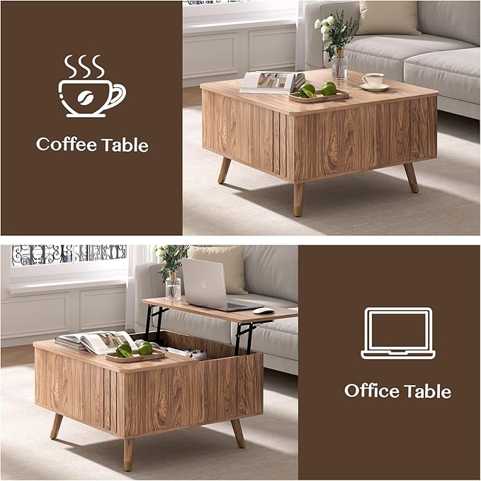 Square Coffee Table with Lift-Top & Flip-Top Storage, 36" Functional Modern Accent Center Table with Solid Wood Legs, Rustic Walnut Coffee Tables for Living Room Small Space or Office