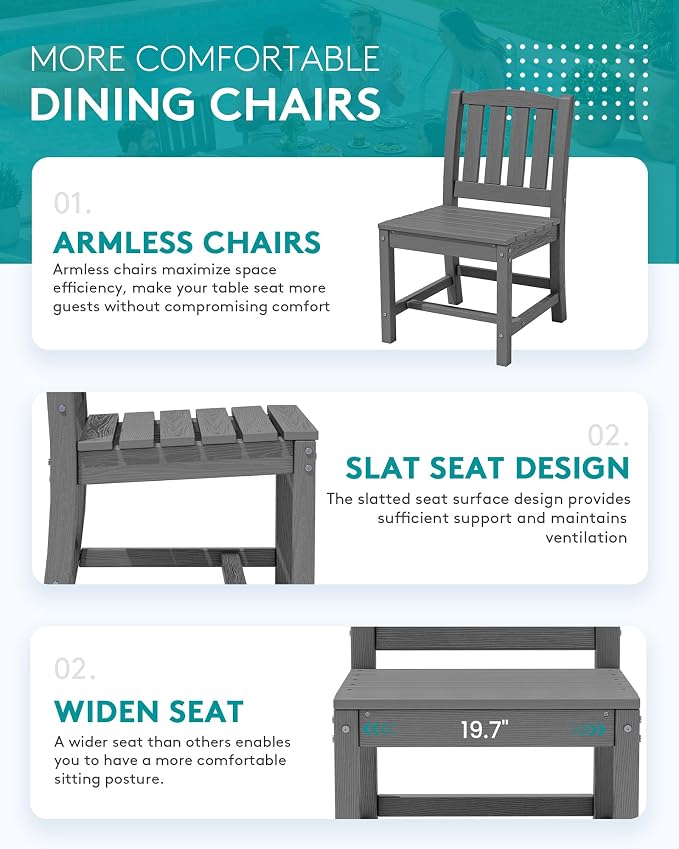 SERWALL 7-Piece Outdoor Dining Set, 60" - 83" Expandable Outdoor Dining Table and 6 HDPE Chairs, All Weather HDPE Outdoor Furniture Set for Backyard, Garden, Grey - Image 5