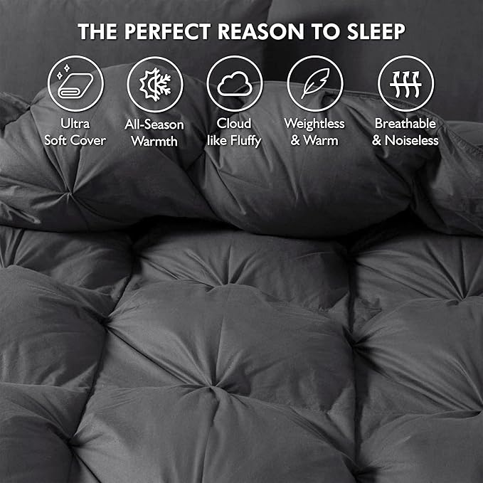 Luxurious Goose Down Feather Fiber Comforter Queen Size All-Season Duvet Insert, Premium Baffle Box, 100% Egyptian Cotton Cover, 65 oz Fluffy Fill Weight - Gray Pinch Pleat