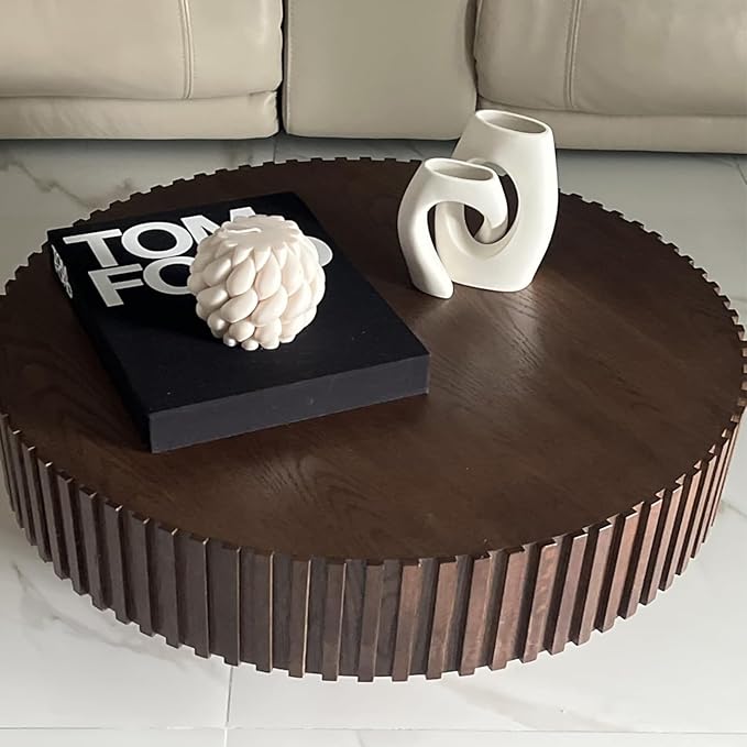 31.49" Walnut Coffee Table Round Wood, Modern Unique Fluted Tea Table, Contemporary Drum Circle Accent Center Table for Living Room, Small Space, Apartment