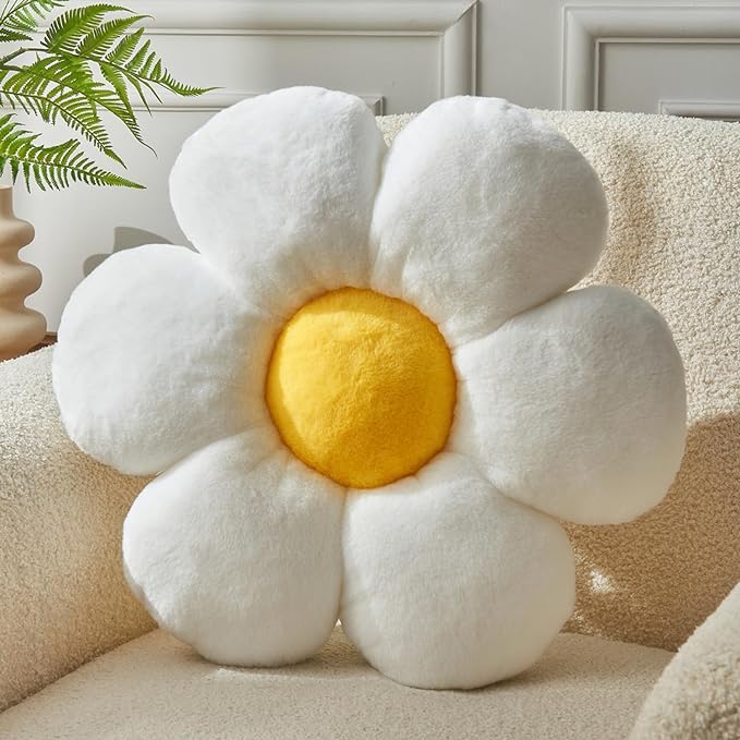 Flower Pillow???Daisy Flower Throw Pillow 15.7In Floor Pillow Cushion Cute White Home Decorative Pillows for Sofa Couch Bed