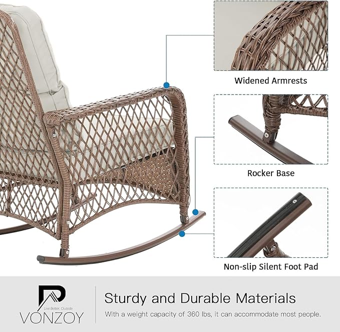 Patio Furniture Set 3 Pieces, Rocking Bistro Set with Thick Cushions, Brown Wicker Outdoor Rocker Chairs and Coffee Table for Porch, Backyard or Garden (Pale White) - Image 4