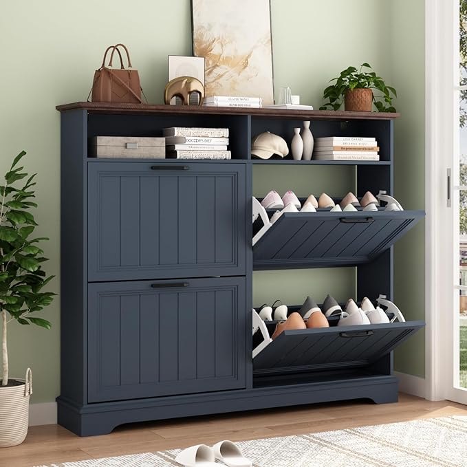 Shoe Storage Cabinet with 4 Flip Drawers, Farmhouse Modern Hidden Shoes Rack Cabinet with Adjustable Shelves & Open Storage, Narrow Slim Shoe Organizer for Front Door Entrance, Entryway, Navy Blue by WINWY