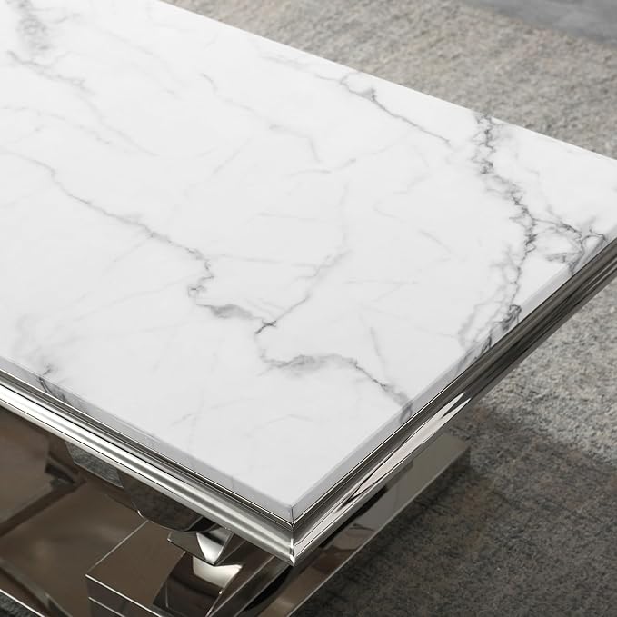 Modern Marble Coffee Table, Rectangular White and Silver with U-Shape Stainless Steel Base with Silver Mirrored Finish for Living Room, Simple Assembly (Silver3)