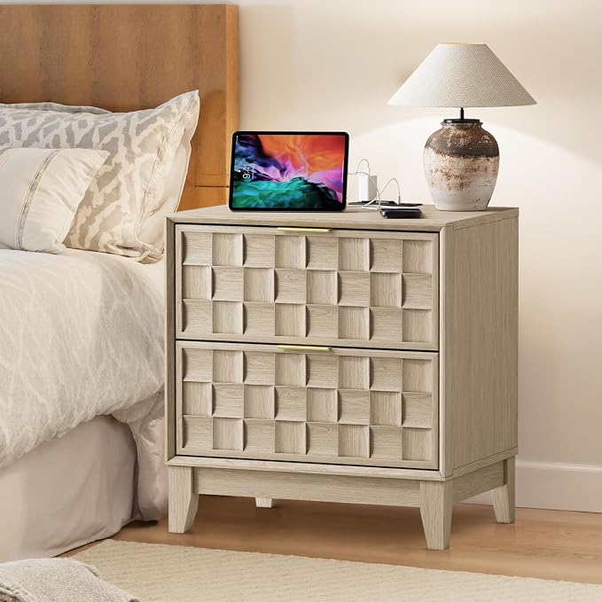 COLAMY Nightstand Set of 2, Night Stand with Charging Station, 2 Drawers Modern Bedside End Table Dresser, with Chessboard Relief and Wood Legs, for Bedroom, Closet and Small Space - Oak - Image 6
