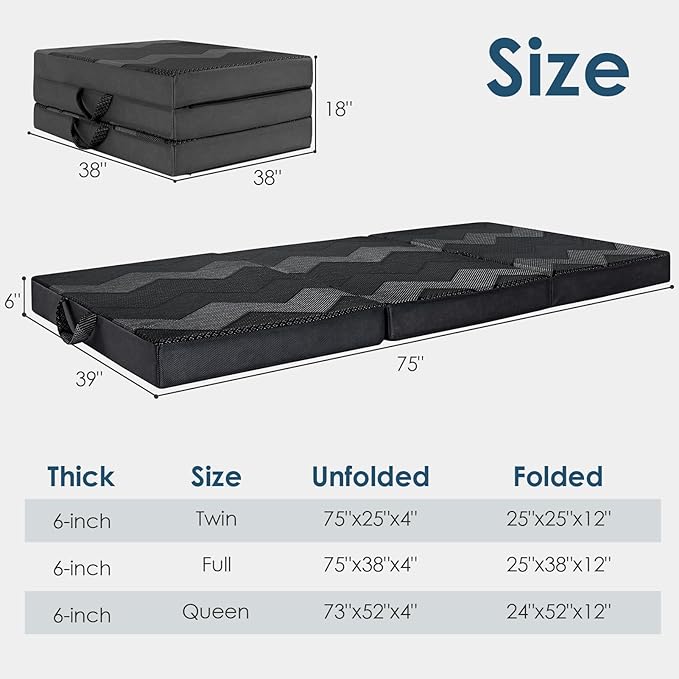 INGEROOM Foldable Mattress Full - Memory Foam 6 inch Trifold Mattress for Camping, with Portable Handle, Non-Slip Folding Floor Bed Sofa for Guest Travel Yoga, Washable Breathable Cover