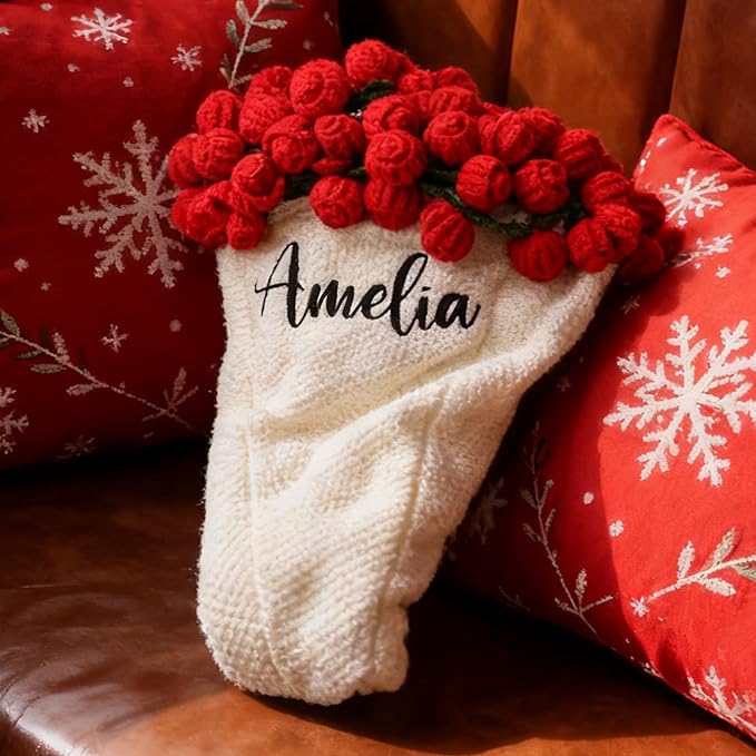 Personalized Handmade Crochet Rose Flower Blanket Bouquet – Custom Name Gift for Mother's Day, Valentine’s Day, Mom or Girlfriend（Red）