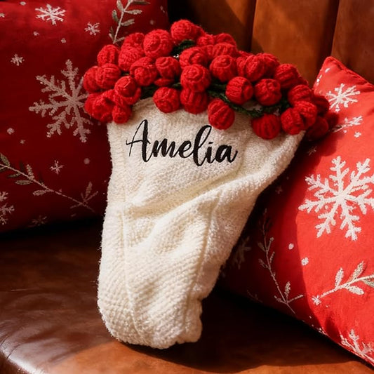 Personalized Handmade Crochet Rose Flower Blanket Bouquet – Custom Name Gift for Mother's Day, Valentine’s Day, Mom or Girlfriend（Red）