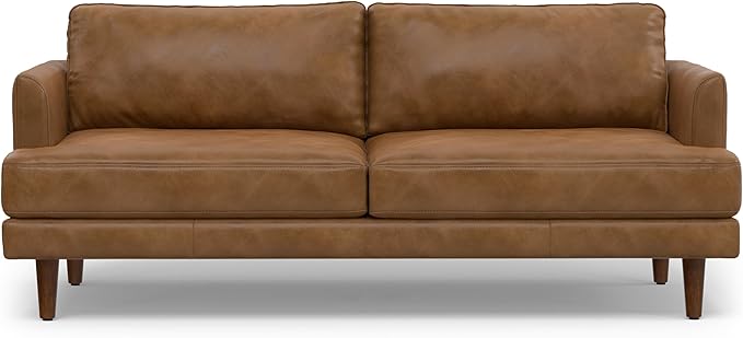 SIMPLIHOME Livingston Sofa - 76 inch Wide Top Grain Genuine Leather Sofa in Caramel Brown, Mid-Century Modern Loveseat for Living Room with Removable Feather-Wrapped Cushions and Solid Wood Frame