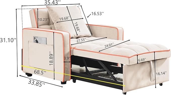 3 in 1 Convertible Sleeper Sofa Chair, 35" Pull Out Sofa Bed Recliner for Adult with Adjustable Backrest, Velvet Fabric Sleeper Couch Single Modern Chair for Living Room Bedroom, Cream White