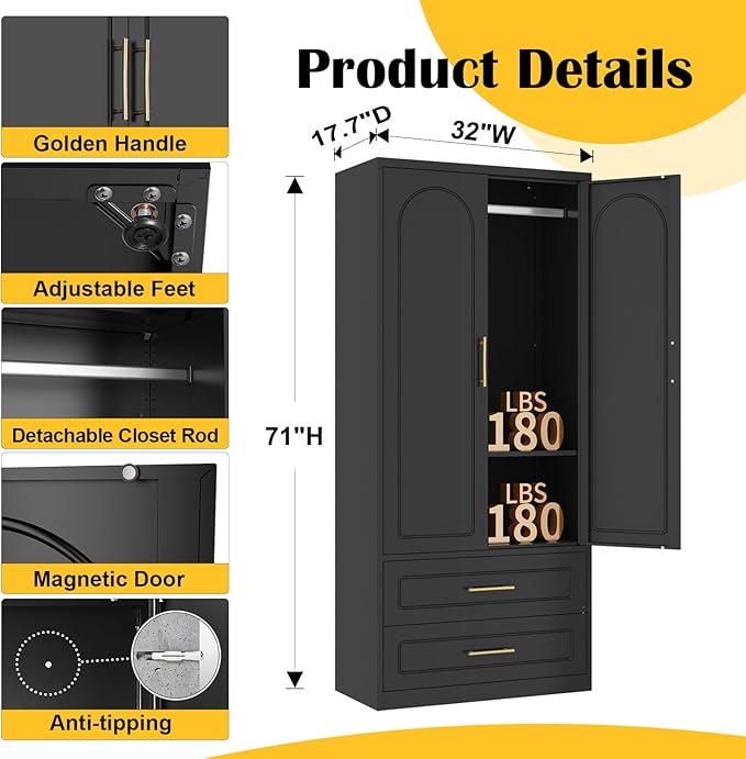 SteeLoong Metal Armoire Wardrobe Closet with 2 Drawer,71Inch Black Clothing Storage Cabinets with Hanging Rod, for Bedroom Home Office