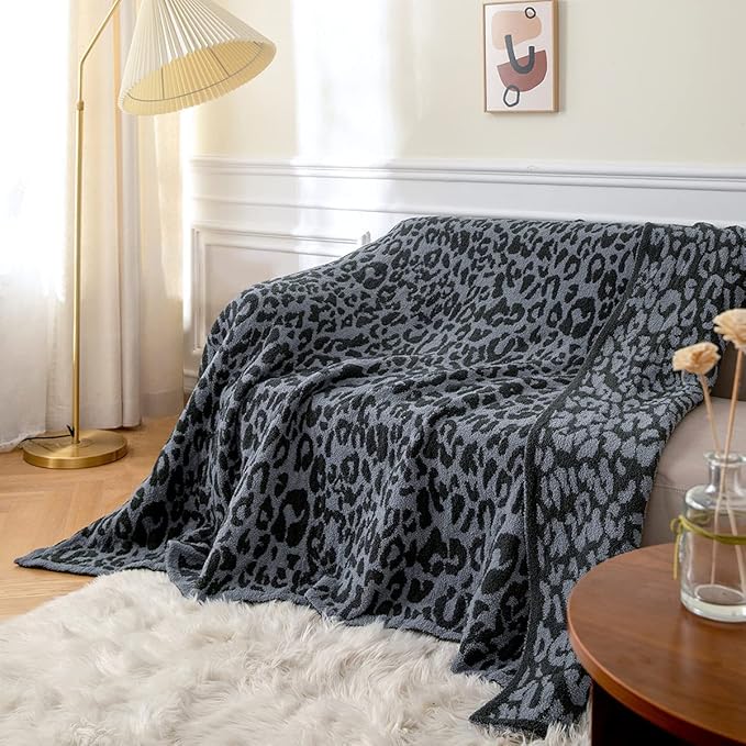 MH MYLUNE HOME Large Soft Micro Plush Leopard Blanket (71x78 inch, Dark Blue | Charcoal Grey) Warm Reversible Cheetah Blanket Leopard Pattern Throw for Sofa Couch Bed