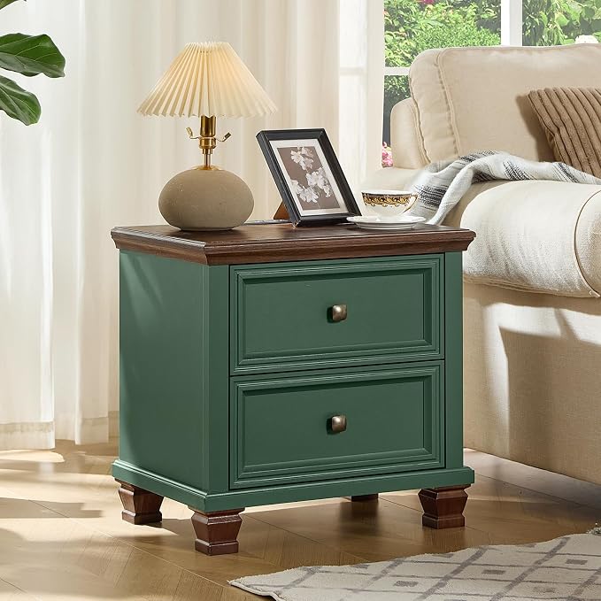 SAVOR LIFE Farmhouse Nightstand with Charging Station, Rustic Low Night Stand with 2 Drawers, Mid-century Modern End Table with 4 Square Solid Wood Legs, Small Vintage Dresser for Bedroom, Home, Green - Image 4