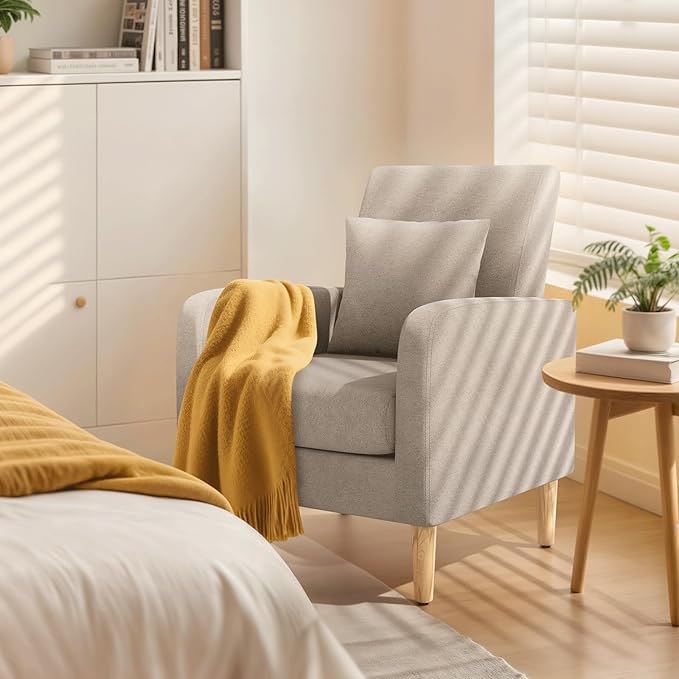 Magshion Mid-Century Accent Chair for Bedroom, Comfy Reading Chair for Living Room, Upholstered Linen Fabric Armchair Single Sofa with Back Pillow & Wood Legs, 300 lbs Capacity, Beige