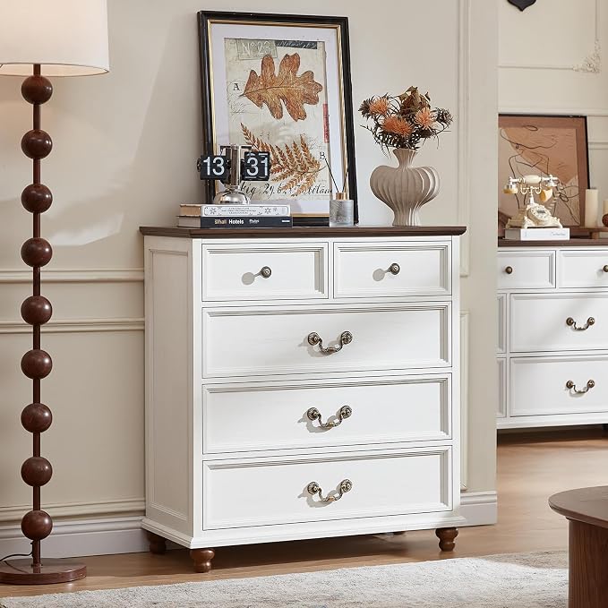 Joaxswe Farmhouse 5 Drawer Dresser for Bedroom, 35" Tall Rustic Chests of Drawers w/ 4 Solid Wood Feet, Mid Century Modern Wooden Closet Storage Dressers Organizer for Living Room, Hallway,White - Image 6