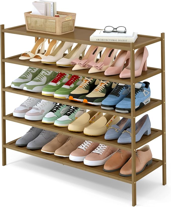Smiry Bamboo Long Shoe Rack, 5 Tier Shoe Organizer for Entryway & Closet, Stackable Free Standing Storage Shelf for Shoes, Bags & Plants, Walnut by Smiry
