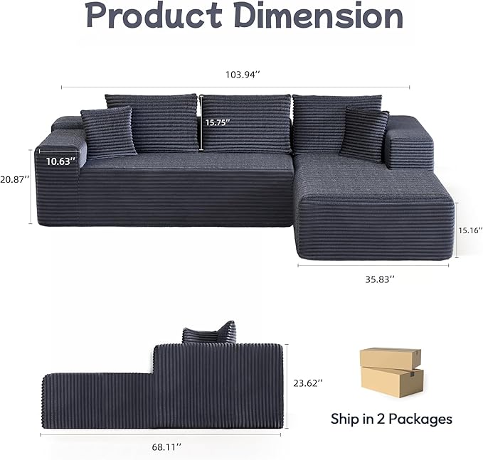 104” Sectional Cloud Couch, L-Shape Compressed Sofa with Left Chaise Lounge, Modern Modular Cloud Couch with 2 Pillows & Deep Seat, Flannel Velvet Floor Sofa for Living Room, Dark Gray