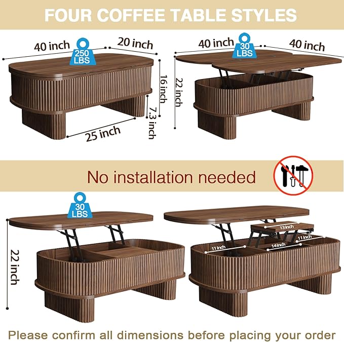 Lift Top Coffee Table with Large Storage,Lifting Converts to Dining Table,Oval Pop Up Coffee Table Fluted Wood Center Table for Living Room,Fully Assembled Space-Saving for Eating&Laptops