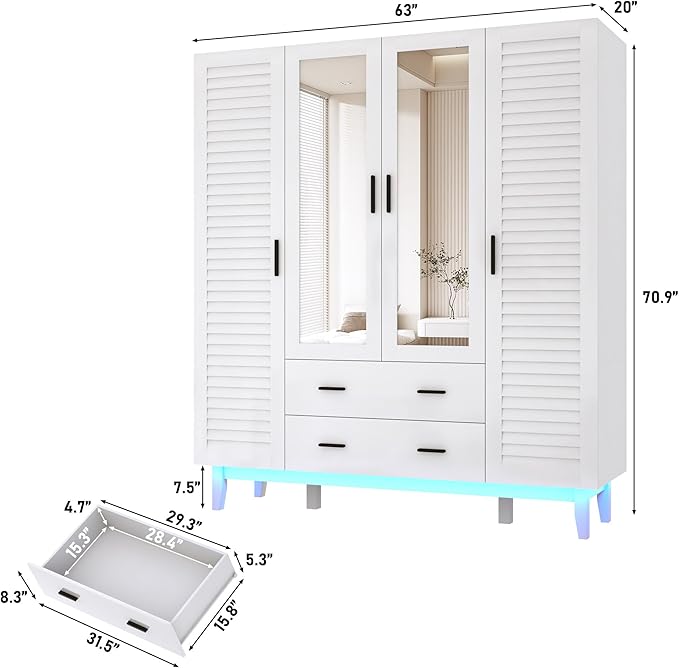 Hlivelood 4 Door Armoire Wardrobe Closet Cabinet with Drawers and LED Lights, Multi-Tier Shelves, Hanging Rod & 4 Louver Doors, Large Capacity Storage Wardrobe Armoire for Bedroom, White