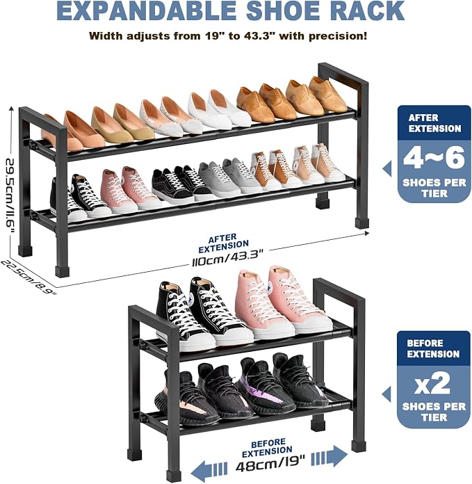 Mavivegue Expandable Shoe Rack, 2-Tier 19"-43.3" Adjustable Shoe Rack for Closet,Hall Entryway,Front Door,Garage, Sturdy Steel Space-Saving Rack, Black?€? - Image 3