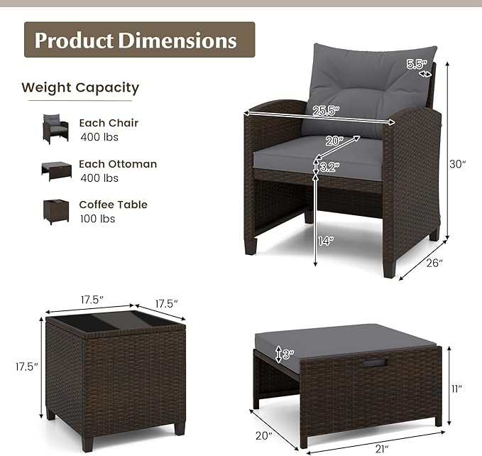 KOTEK 5 Pieces Patio Furniture Set with Ottomans, Wicker Patio Conversation Set with Coffee Table & Cushions, PE Rattan Outdoor Lounge Chairs for Backyard, Porch, Poolside (Mix Brown- Grey)