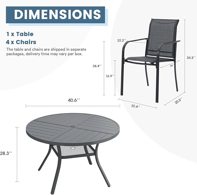DIFY Patio Dining Set for 4, 5 Piece Outdoor Table and Chairs Set, 40.6" Round Metal Patio Dining Table and 4 Textilene Stackable Patio Chairs, for Backyard Garden Poolside, Grey - Image 8