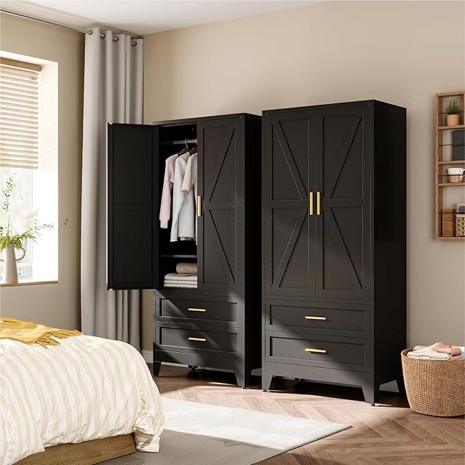 Metal Wardrobe Cabinet, 71" Tall Armoire Wardrobe Closet with 2 Drawers, Hanging Rod and Adjustable Shelf, Farmhouse Clothing Storage Cabinet for Bedroom, Laundry