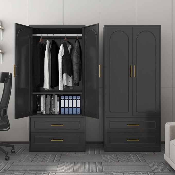 SteeLoong Metal Armoire Wardrobe Closet with 2 Drawer,71Inch Black Clothing Storage Cabinets with Hanging Rod, for Bedroom Home Office
