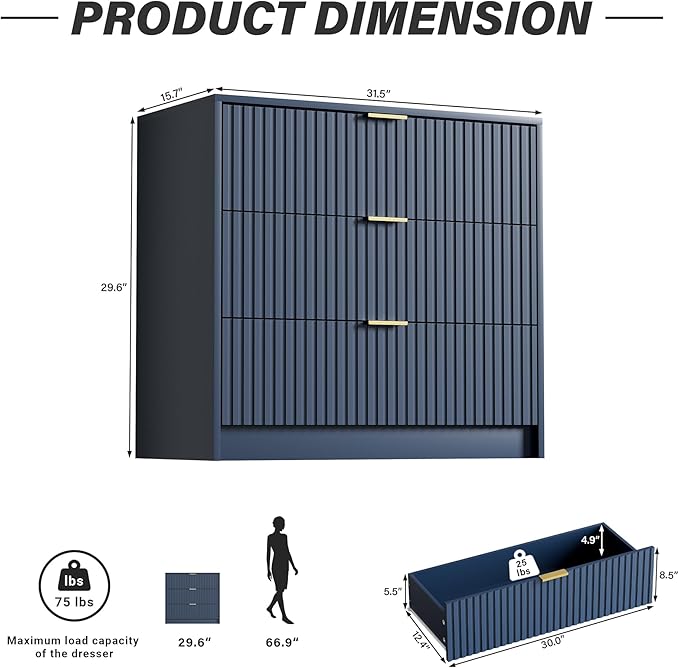 Furniway Navy Blue Dresser Bedroom Set 3 Pieces, Nightstands Sets of 2, 8 Drawer Dresser with Gold Handles for Bedroom