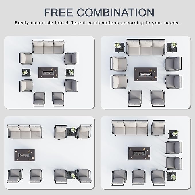 10 Pieces Outdoor Patio Conversation Sets, Outdoor Furniture Set Metal 3-Seater 4 Swivel Rockers with 2 Side Tables 2 Single Chairs with Fire Pit Table for Backyard Deck Porch Poolside, Beige