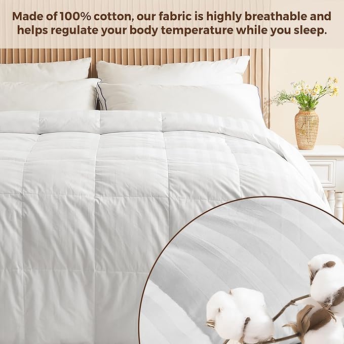 puredown® Goose Feather Down Comforter Twin Size - All Season Duvet Insert, Ultra Fluffy Soft Cotton Shell Cover Luxurious Hotel Collection Comforters 500 Thread with Ties, (Stripe White, 68x90'')