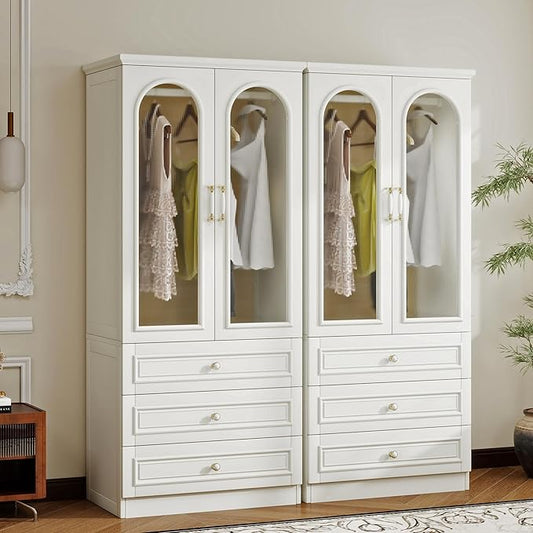 Solid Wood Armoire Wardrobe Closet, 4 Door Solid Wood Wardrobe Cabinet with 2 Drawers, Armoire Closet with Hanging Rods Storing Clothes for Bedroom (White-26)