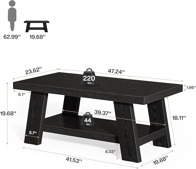 Tribesigns Rectangle Coffee Table, 47-Inch Wood Coffee Tables for Living Room, Farmhouse Long Center Tables with 2-Tier Storage Shelves for Living Room, Apartment, Home Office (Black)