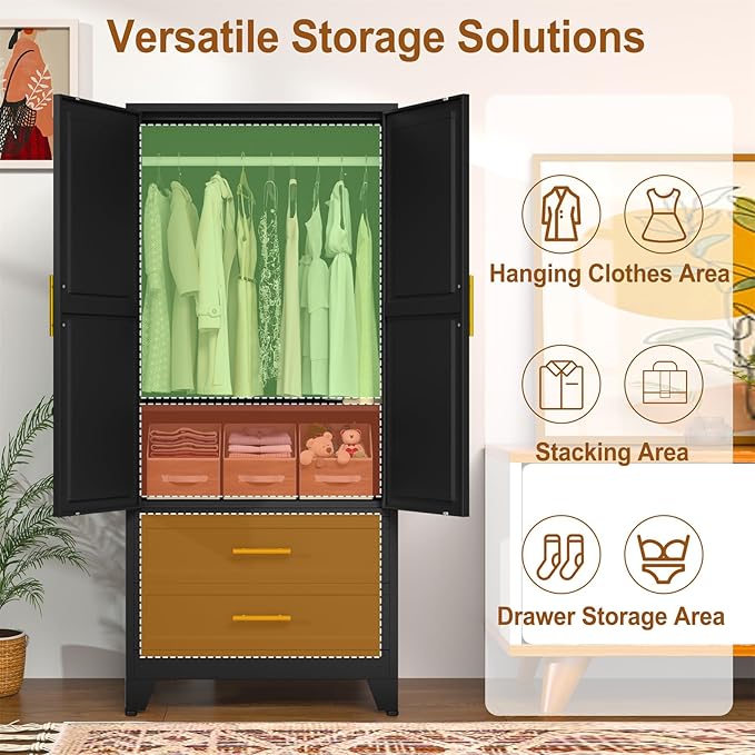 Metal Armoire Wardrobe Closet Storage Cabinet with 2 Doors Black, 71'' Wardrobe Cabinet with Hanging Rod Metal Closet with Adjustable Shelf and 2 Drawers for Bedroom, Laundry Room, Cloak Room