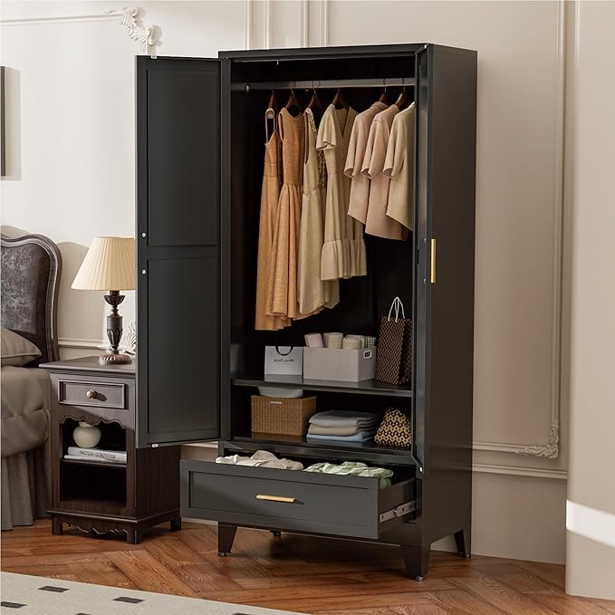 Black Metal Wardrobe Closet, Steel Armoire Wardrobe with Drawer Clothes Cabinet for Bedroom, 71" Tall Farmhouse Armoire Closet with Drawer, Shelf and 2 Doors Clothing Storage Cabinet with Hanging Rod