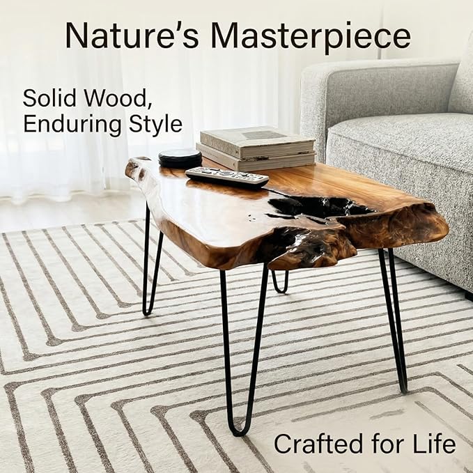 Live Edge Coffee Table - Natural Wood Coffee Table for Living Room, Handcrafted Rustic Modern Furniture with Unique Grain Pattern