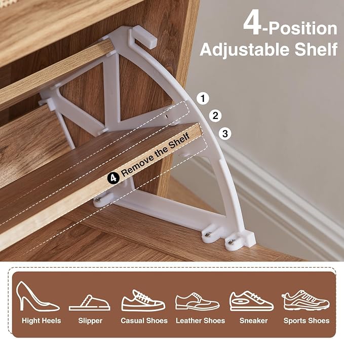 Barnyatoh Shoe Storage Cabinet, Boho Rattan Shoe Organizer with 2 Flip Drawers,Farmhouse Freestanding Hidden Slim Narrow Shoe Rack Cabinet with Open Shelves for Entryway, Foyer,Hallway, Natural - Image 4