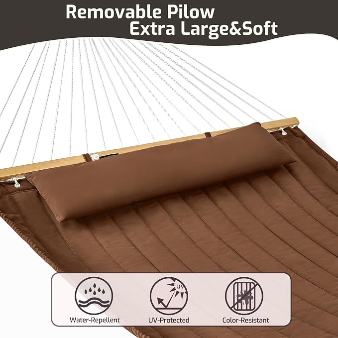 Double Quilted Fabric Hammock with Hardwood Spreader Bars and Pillow 450 LBS Capacity 2 Person Large Hammock for Outdoor Patio Backyard Poolside - Brown - Image 4