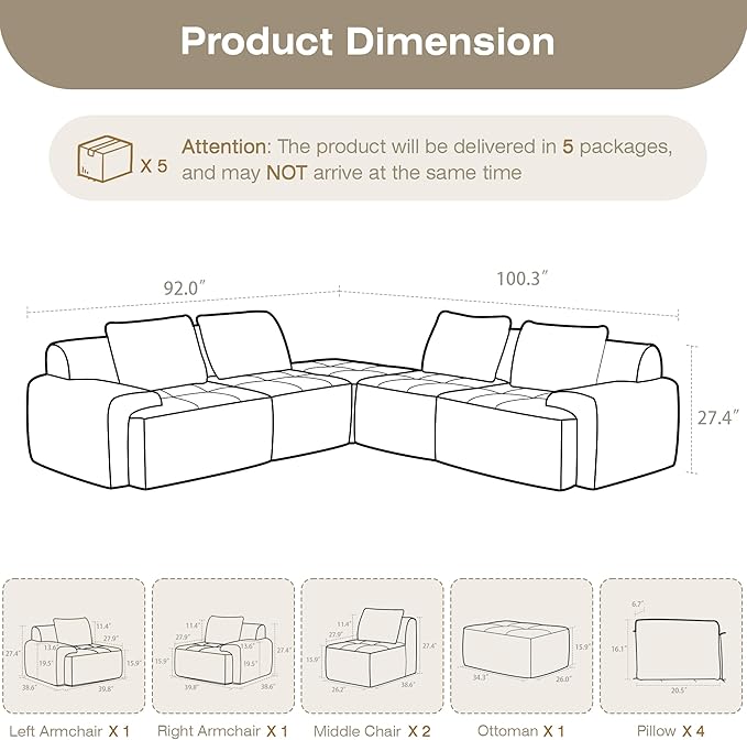 Modular Sectional Sofa, Boneless Couches for Living Room, Corduroy Couch, Big Comfy Couch, Modular Cloud Sofa with Deep Seat (Black, 5 Pieces-L Shape)