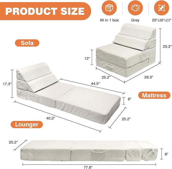 Comfy Foldable Sofa Bed - Convertible Sleeper Sofa Fold Out Sofa Bed Folding Chair Couch for Living Room Bedroom Guest, Floor Chairs Lounger Mattress Folding Sofa Bed with Back Support, Beige