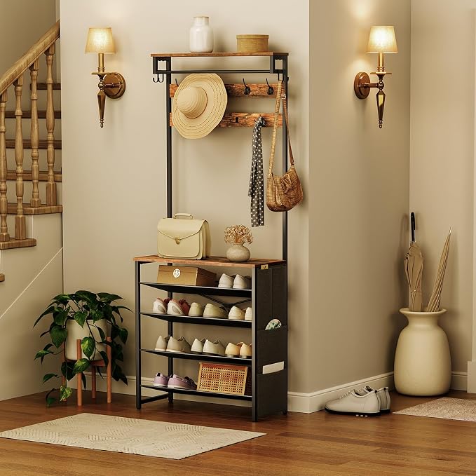 HOOBRO Hall Tree with Bench, Entryway Coat Rack with Shoe Rack, Shoe and Coat Rack, 5 Tier Shoe Storage Organizer with Oxford Fabric Side Pockets, Adjustable Mesh Shelves, Rustic Brown BF75MT01 - Image 2
