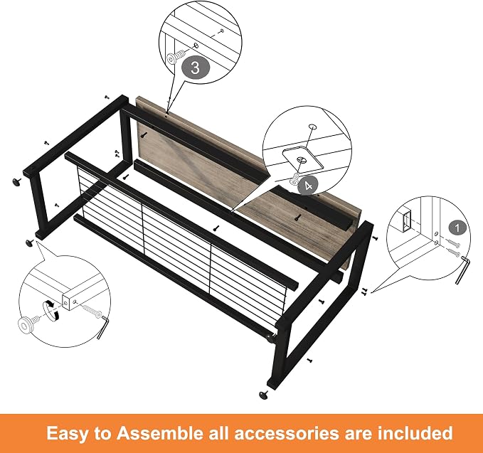 HOMEFORT 2 Tiers Shoe Bench, Retro Industrial Shoe Storage Bench with Mesh Shelf and Sturdy Metal Frame, Metal Shoe Rack Bench for Hallway, Mudroom, Living Room, Washed Gray - Image 6