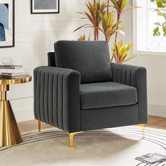 HULALA HOME Velvet Accent Club Chair, Modern Velvet Armchair Upholstered Accent Sofa Chair with Gold Metal Legs Mid-Century Barrel Leisure Comfy Reading Armchair, Grey