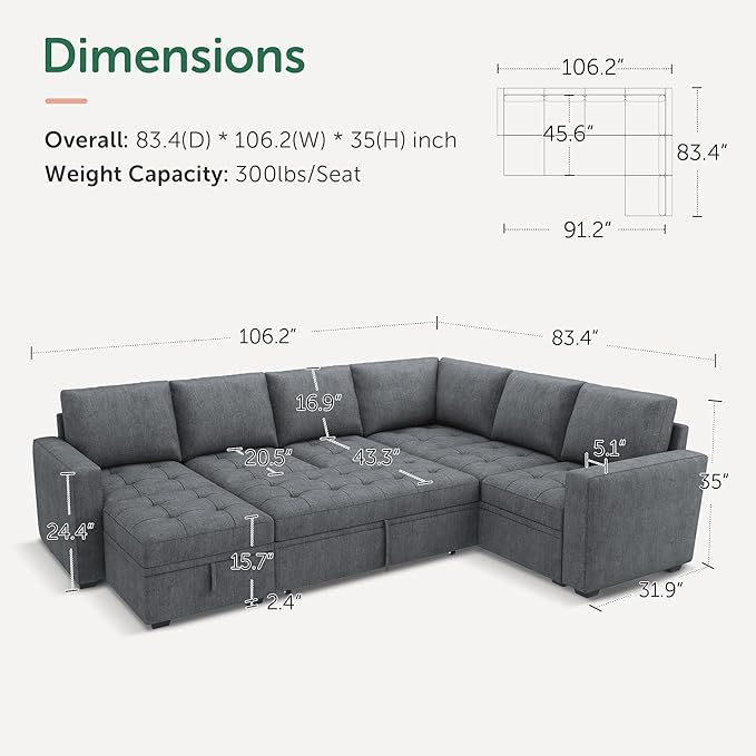 HONBAY Modular Sectional Couch with Pull Out Bed Sleeper Sofa with Storage U Shaped Modular Sectional Couches for Living Room,Warm Bluish Grey