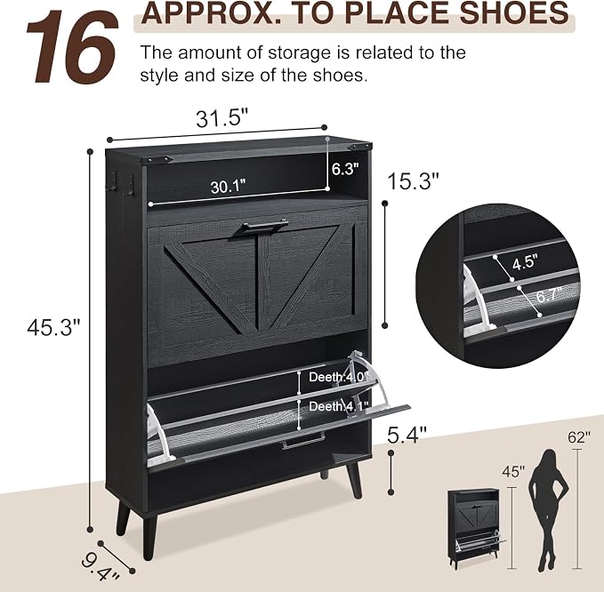 Barnyatoh Shoe Storage Cabinet, Farmhouse Shoe Organizer with 2 Flip Drawers & Barn Door,Freestanding Hidden Slim Narrow Shoe Rack Cabinet with Open Storage for Entryway, Foyer, Black - Image 2