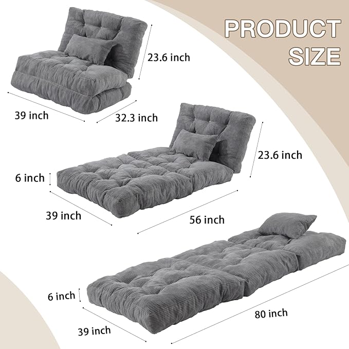 Folding Sofa Bed, Convertible Sleeper Chair with Pillow Foldable Mattress with Back Support, Portable Fold Out Chair Bed Comfy Floor Sofa Lounge for Living Room Bedroom, Dark Gray Twin 80x39 Inch