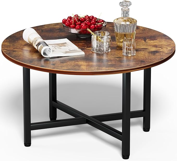 Round Coffee Table, Small Coffee Tables for Living Room, Wood Coffee Table with Metal Frame, Floor Table Desk for Sitting on The Floor, Home, Office, Farmhouse, Rustic Brown (23.6"D x 17.7"H)