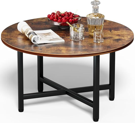 Round Coffee Table, Small Coffee Tables for Living Room, Wood Coffee Table with Metal Frame, Floor Table Desk for Sitting on The Floor, Home, Office, Farmhouse, Rustic Brown (23.6"D x 17.7"H)